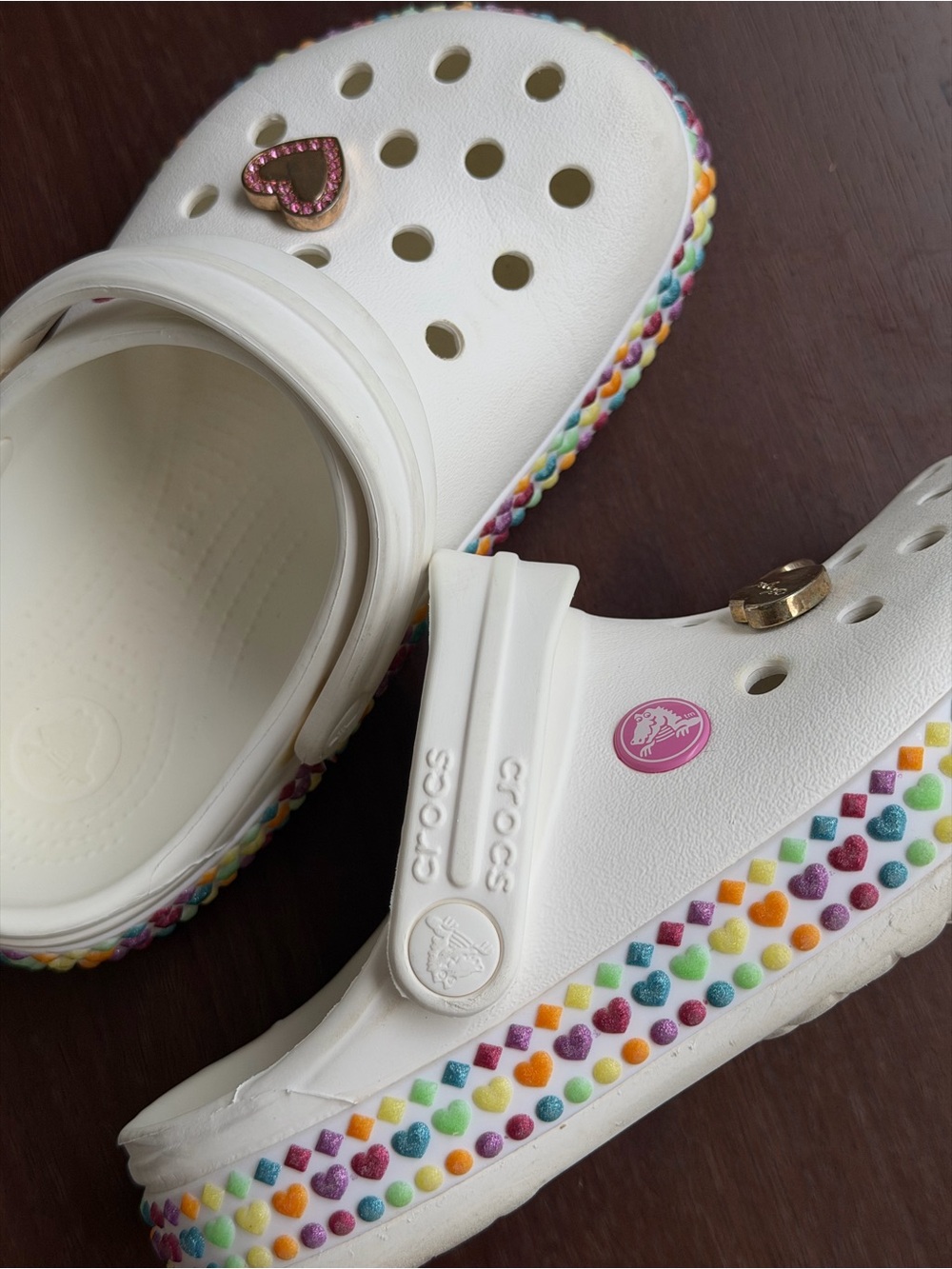 Crocs Kids Classic Rainbow Hearts Clog | Size J1 | 3 Original Jibbitz Included
